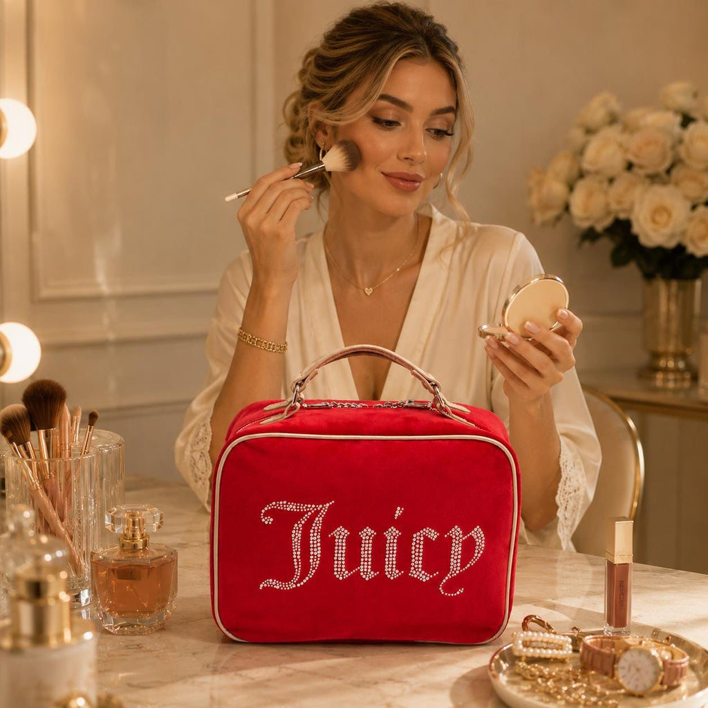 Juicy Couture Red Iris Beauty Case, Rhinestone Makeup Bag, Velvet Cosmetic Case, Large Makeup Organiser, Gift for Her