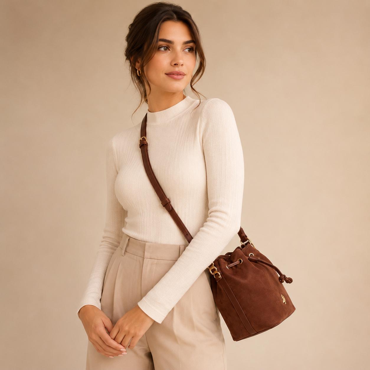 U.S. Polo Assn. Brown Bucket Bag, Suede Look Shoulder Bag, Drawstring Handbag, Gold Logo Purse, Womens Everyday Bag, Gift for Her