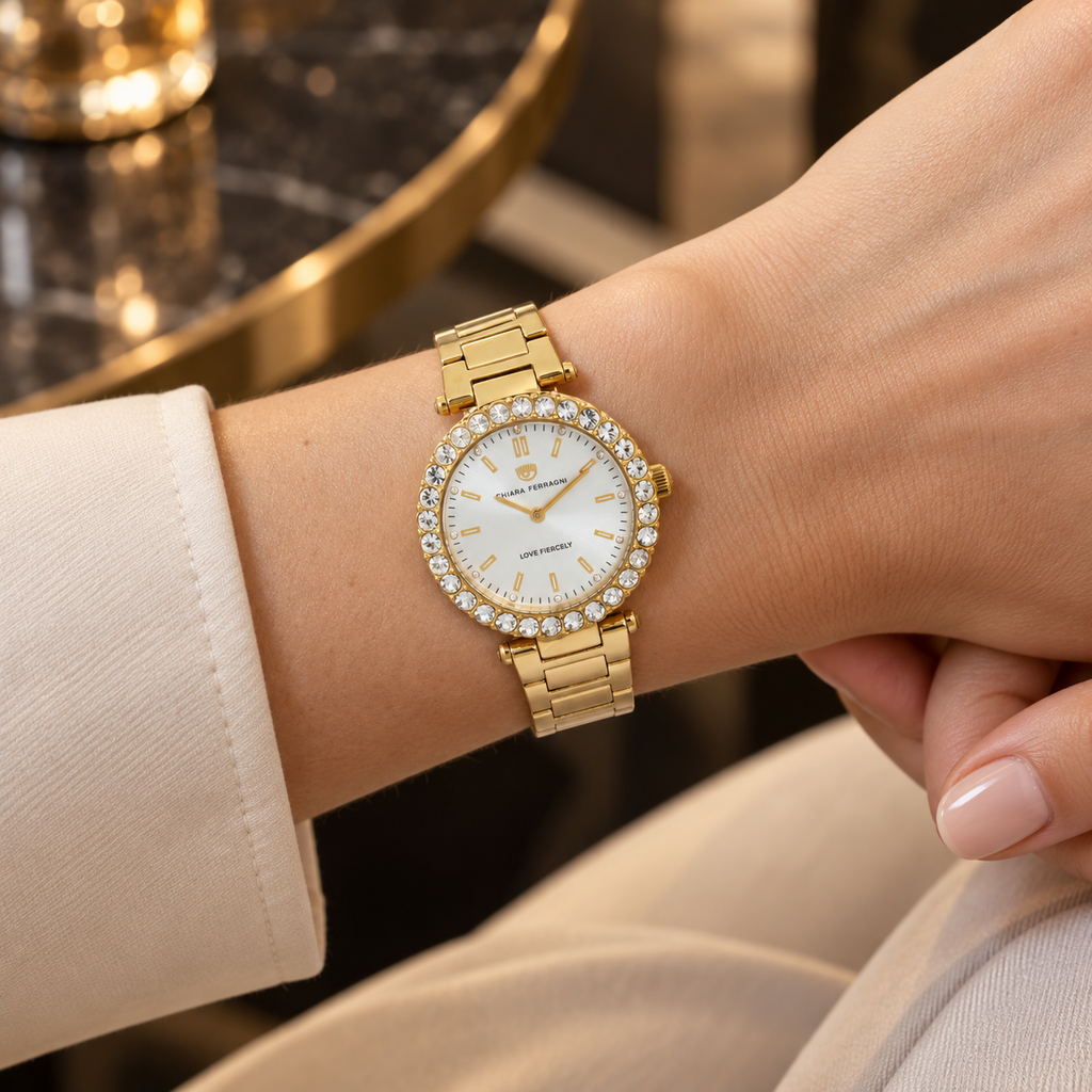 Chiara Ferragni Gold Watch, Crystal Bezel Analogue, Womens Designer Link