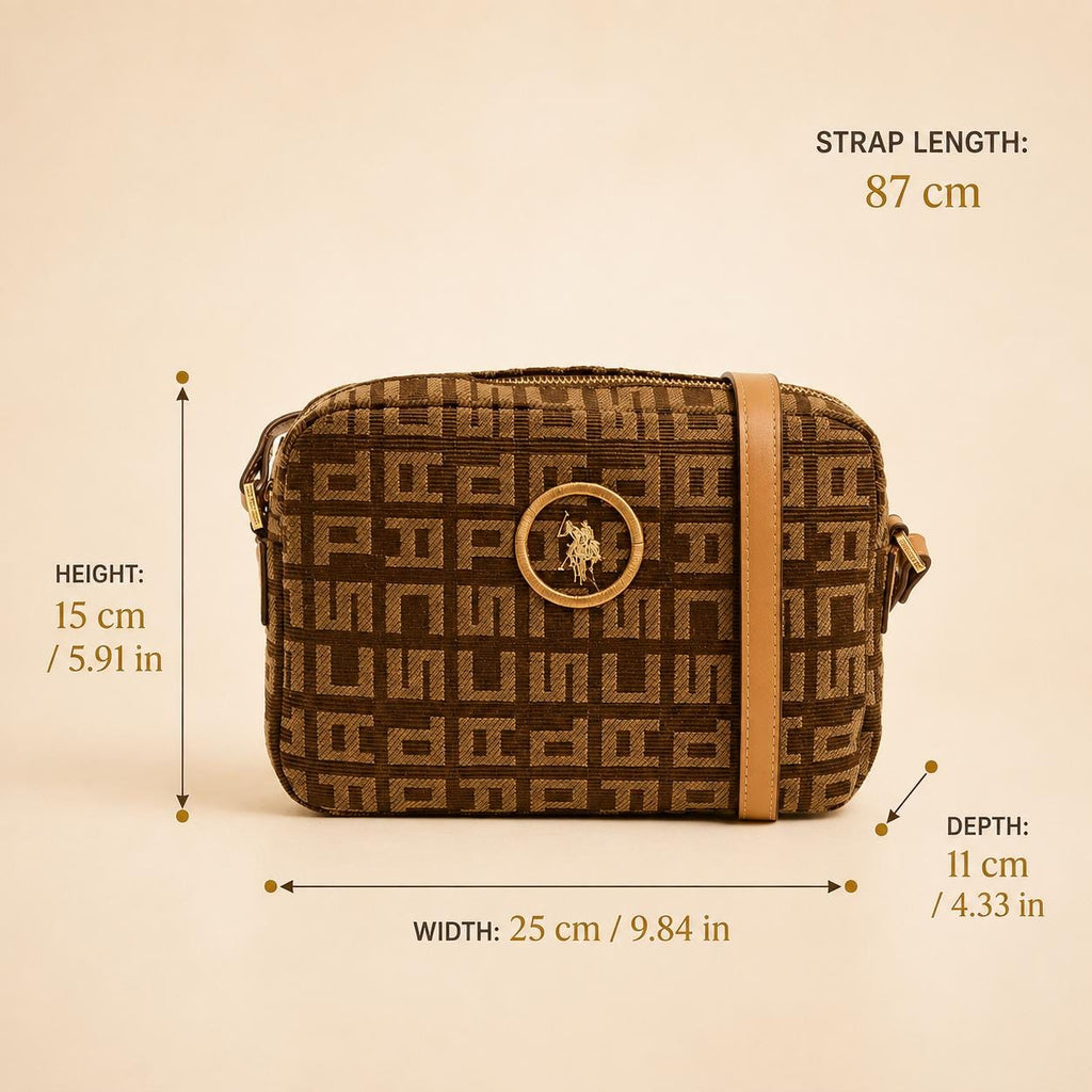 US Polo Assn Brown Jacquard Crossbody Bag, Monogram Shoulder Handbag, Tan Logo Purse, Adjustable Strap Bag, Gift for Her
