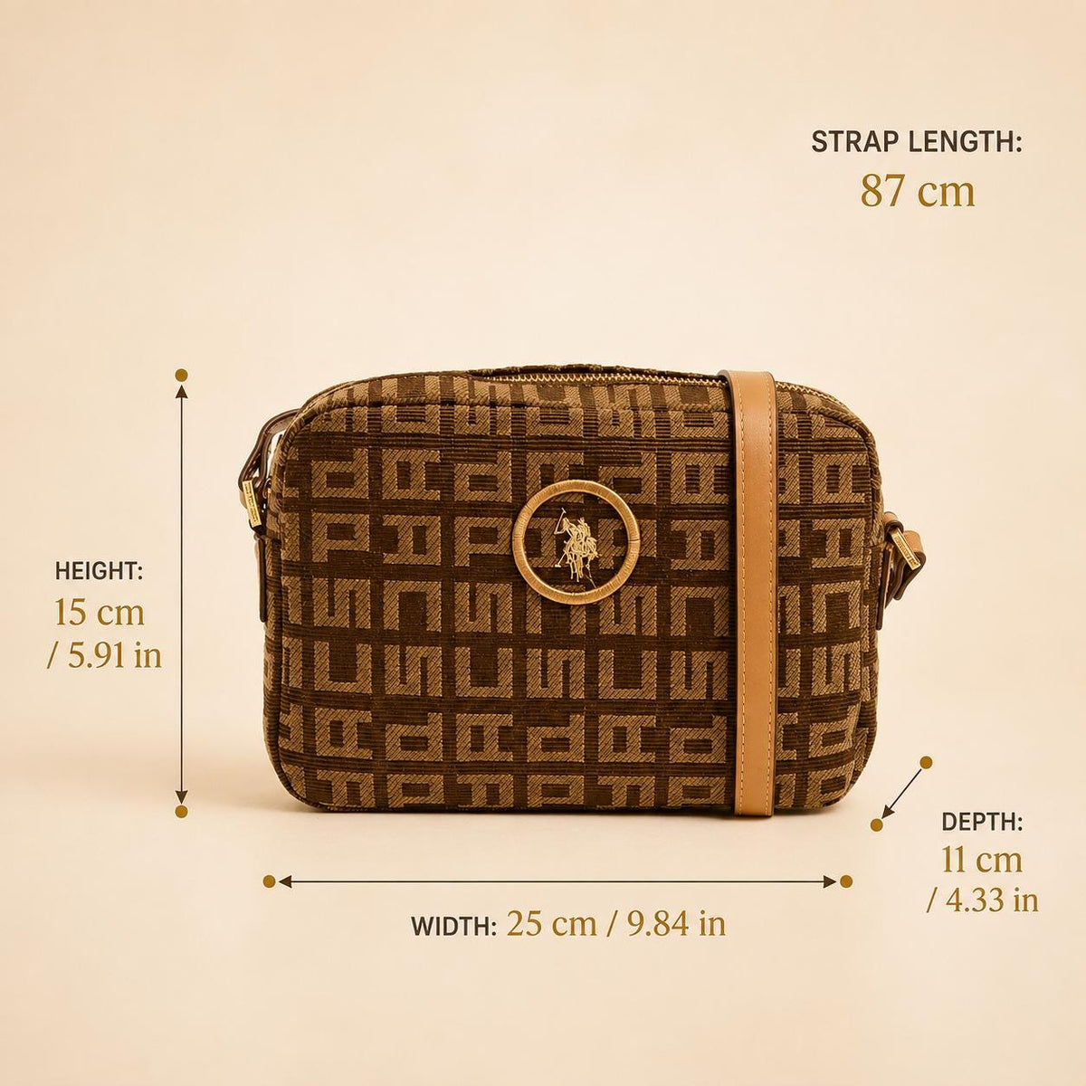 US Polo Assn Brown Jacquard Crossbody Bag, Monogram Shoulder Handbag, Tan Logo Purse, Adjustable Strap Bag, Gift for Her