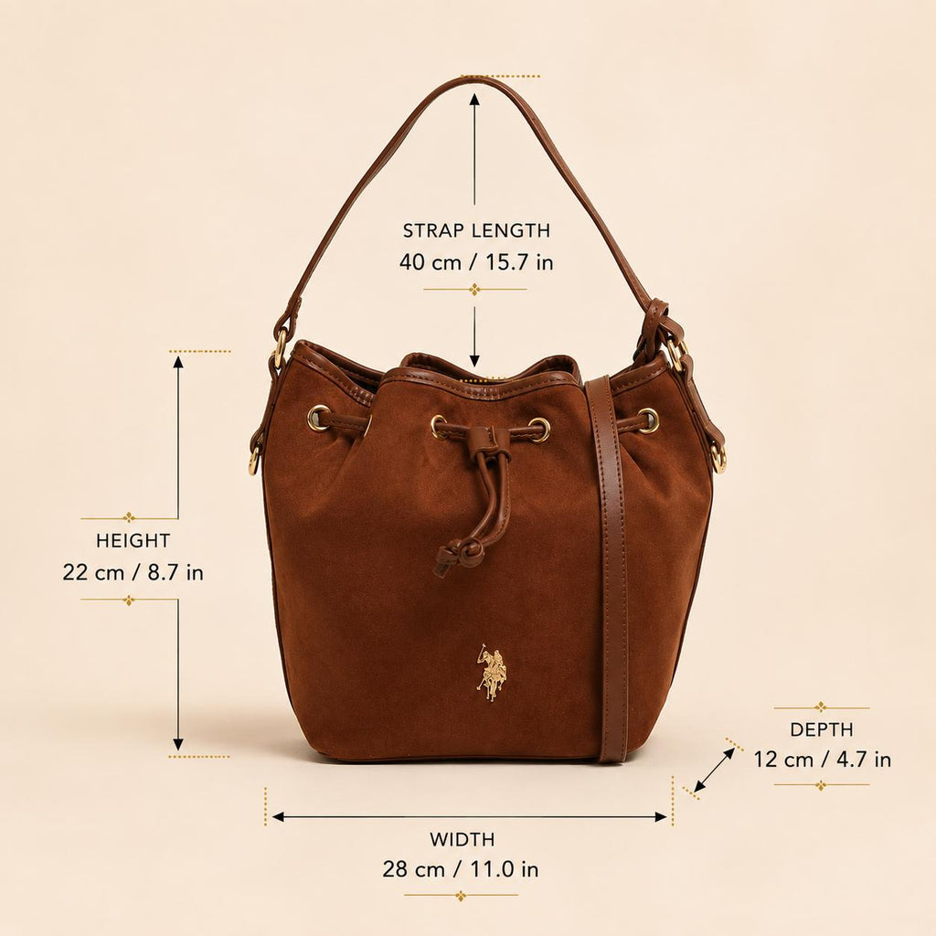 U.S. Polo Assn. Brown Bucket Bag, Suede Look Shoulder Bag, Drawstring Handbag, Gold Logo Purse, Womens Everyday Bag, Gift for Her