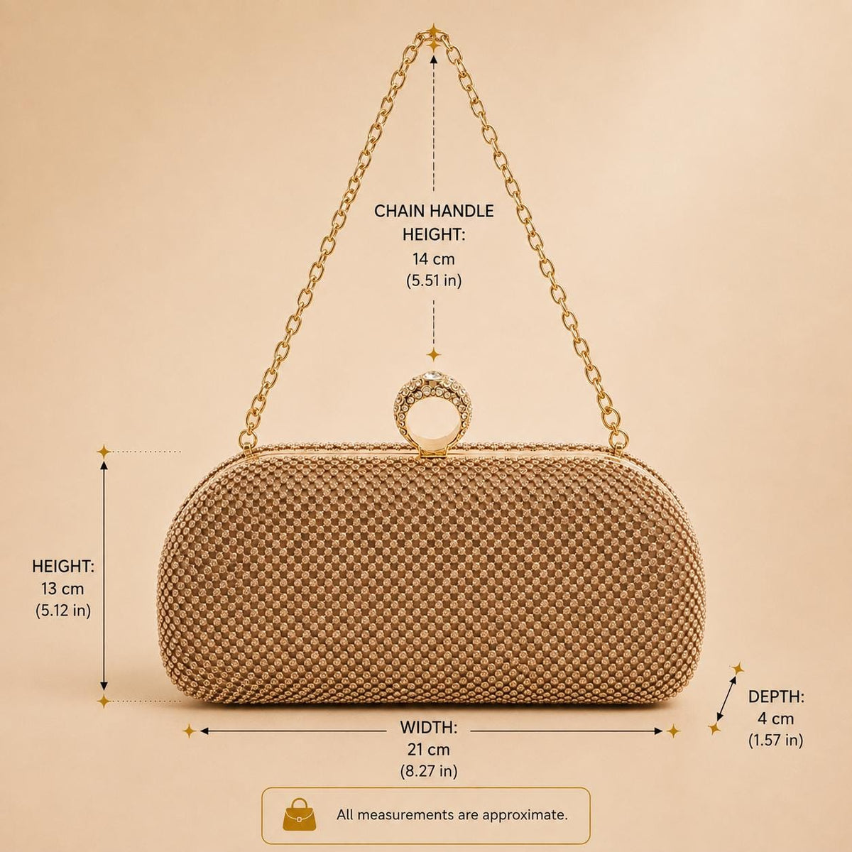 Juicy Couture Tan Grab Bag, Embellished Evening Clutch Bag, Gold Chain Shoulder Bag, Sparkle Party Purse, Gift for Her