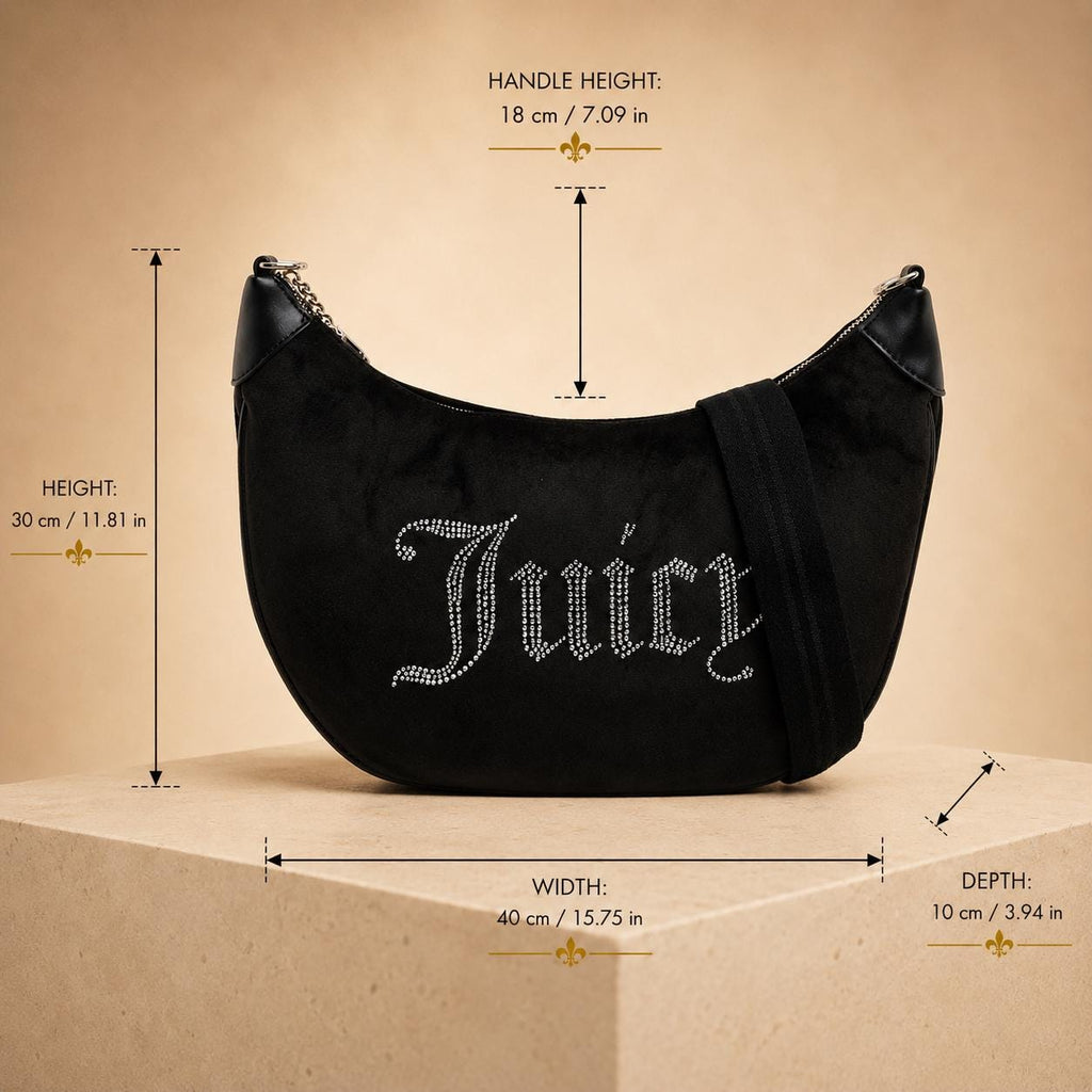 Juicy Couture Black Hobo Shoulder Bag, Rhinestone Embellished Velour Handbag, Slouchy Crescent Bag, Women Gift