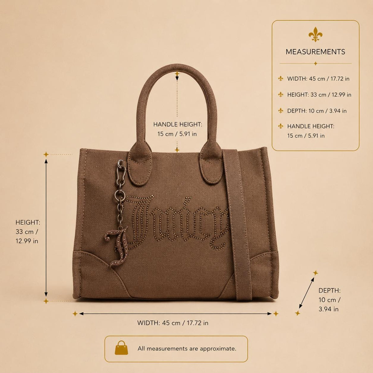 Juicy Couture Brown Tote Bag, Large Canvas Shoulder Bag, Embellished Logo Handbag, Detachable Strap, Womens Everyday Bag