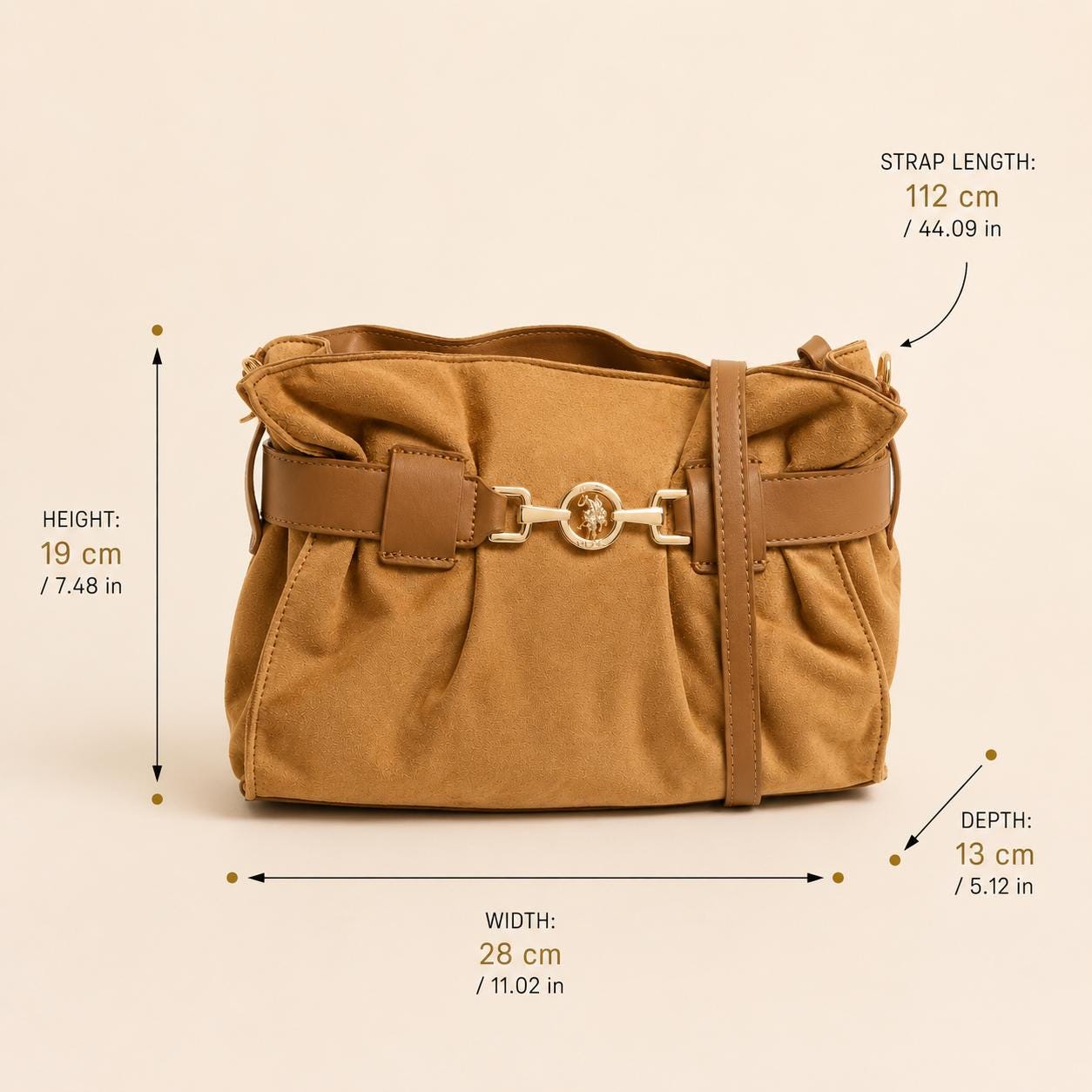 US Polo Assn Light Brown Crossbody Bag, Jane Shoulder Handbag, Gold Horsebit Purse, Adjustable Strap Bag, Everyday Bag, Gift for Her