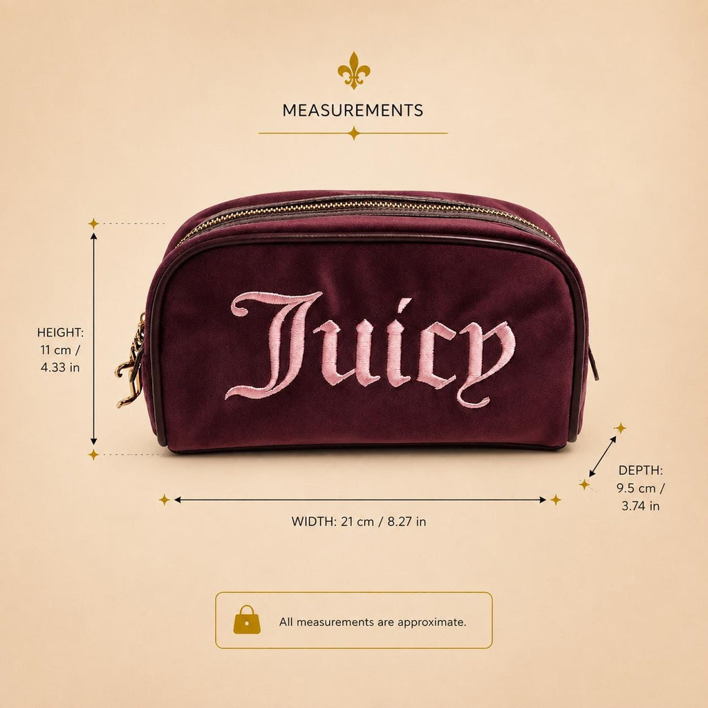 Juicy Couture Burgundy Velour Cosmetic Bag, Pink Embroidered Makeup Bag, Gold Zip Beauty Case, Makeup Storage Bag, Gift for Her