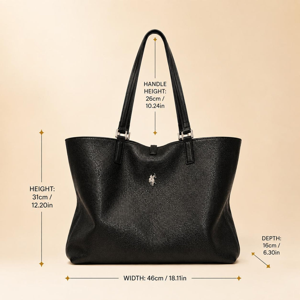 US Polo Assn Black Malibu Tote Bag, Large Womens Shoulder Handbag, Pebbled Everyday Shopper, Silver Logo Work Bag, Gift for Her