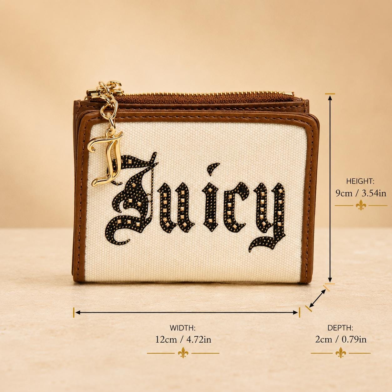 Juicy Couture Beige Tan Wallet, Diamante Madeleine Purse, Canvas Bifold Wallet, Zip Coin Pocket, Gold Charm, Gift for Her