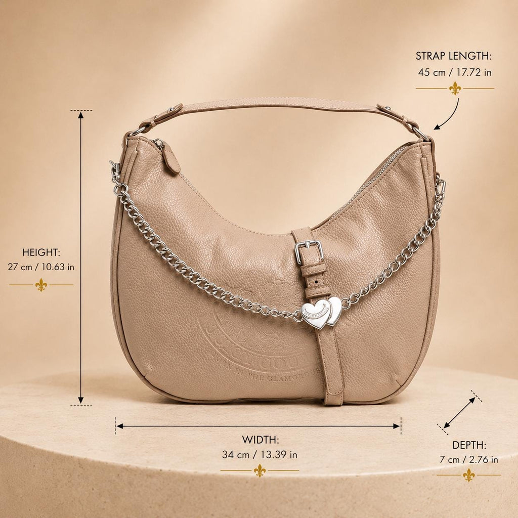 Juicy Couture Taupe Hobo Shoulder Bag, Faux Leather Handbag, Silver Heart Chain Charm Purse, Everyday Bag, Gift for Her