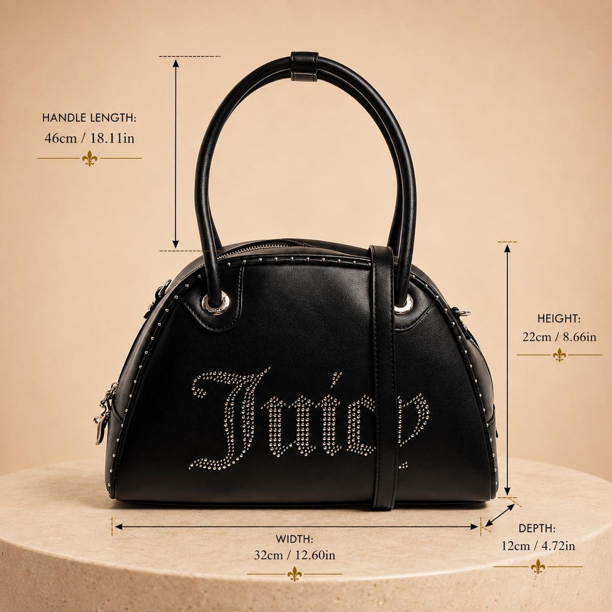 Juicy Couture Black Kimberly Bowling Bag, Studded Logo Handbag, Black Shoulder Bag, Silver Hardware Designer Bag