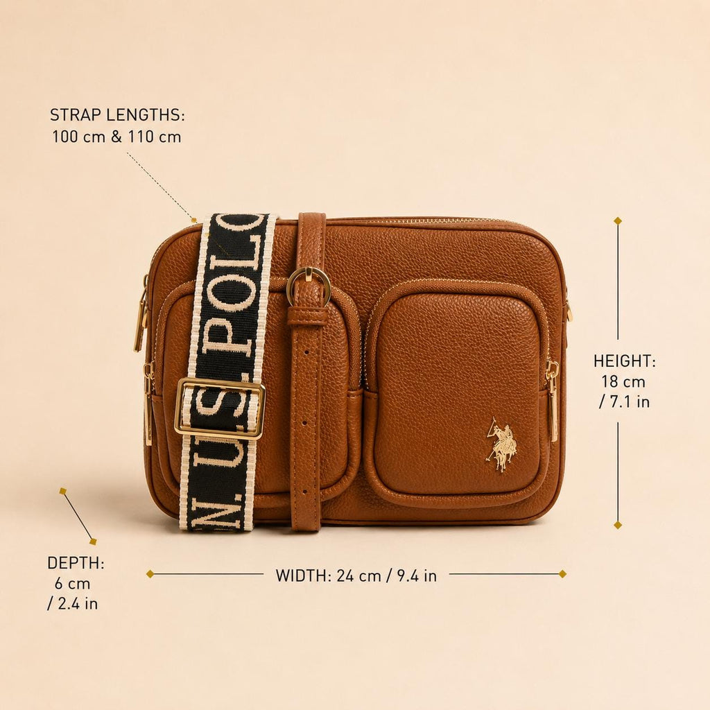 U.S. Polo Assn. Brown Crossbody Bag, Logo Strap Shoulder Bag, Multi Pocket Handbag, Adjustable Strap, Gift for Her