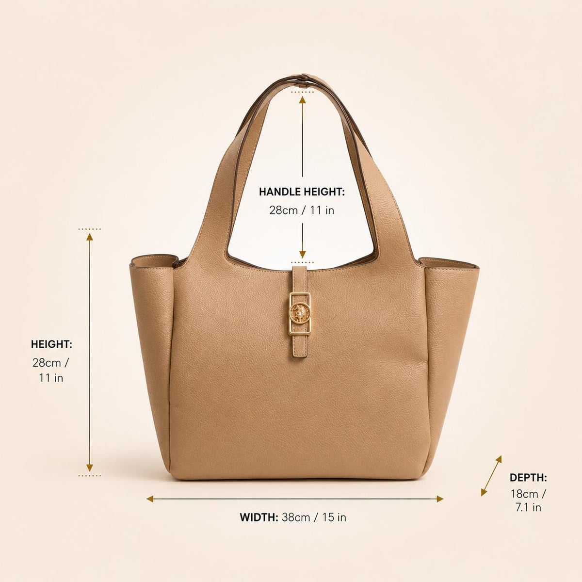 U.S. Polo Assn Taupe Tote Bag, Large Stone Shopping Bag, Structured Shoulder Handbag, Gold Hardware, Everyday Bag for Women