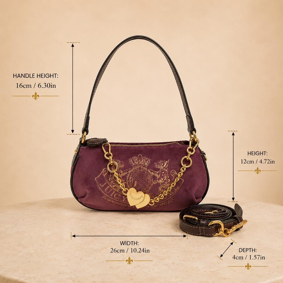 Juicy Couture Purple Velour Shoulder Bag, Gold Chain Heart Charm Crossbody Handbag, Detachable Strap, Women’s Designer Bag