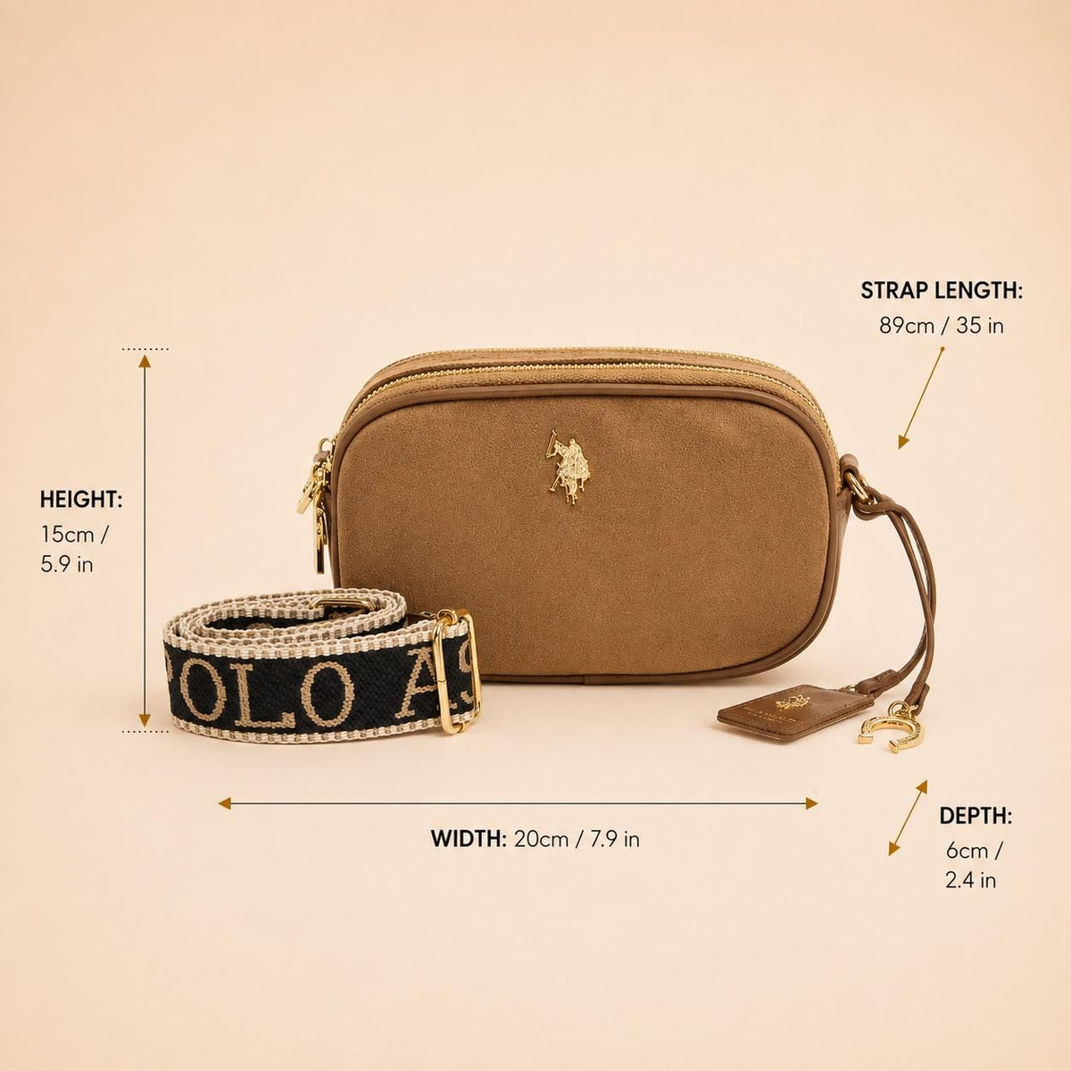 U.S. Polo Assn Brown Crossbody Bag, Suede Camera Bag, Logo Shoulder Purse, Adjustable Woven Strap, Everyday Handbag, Gift for Her