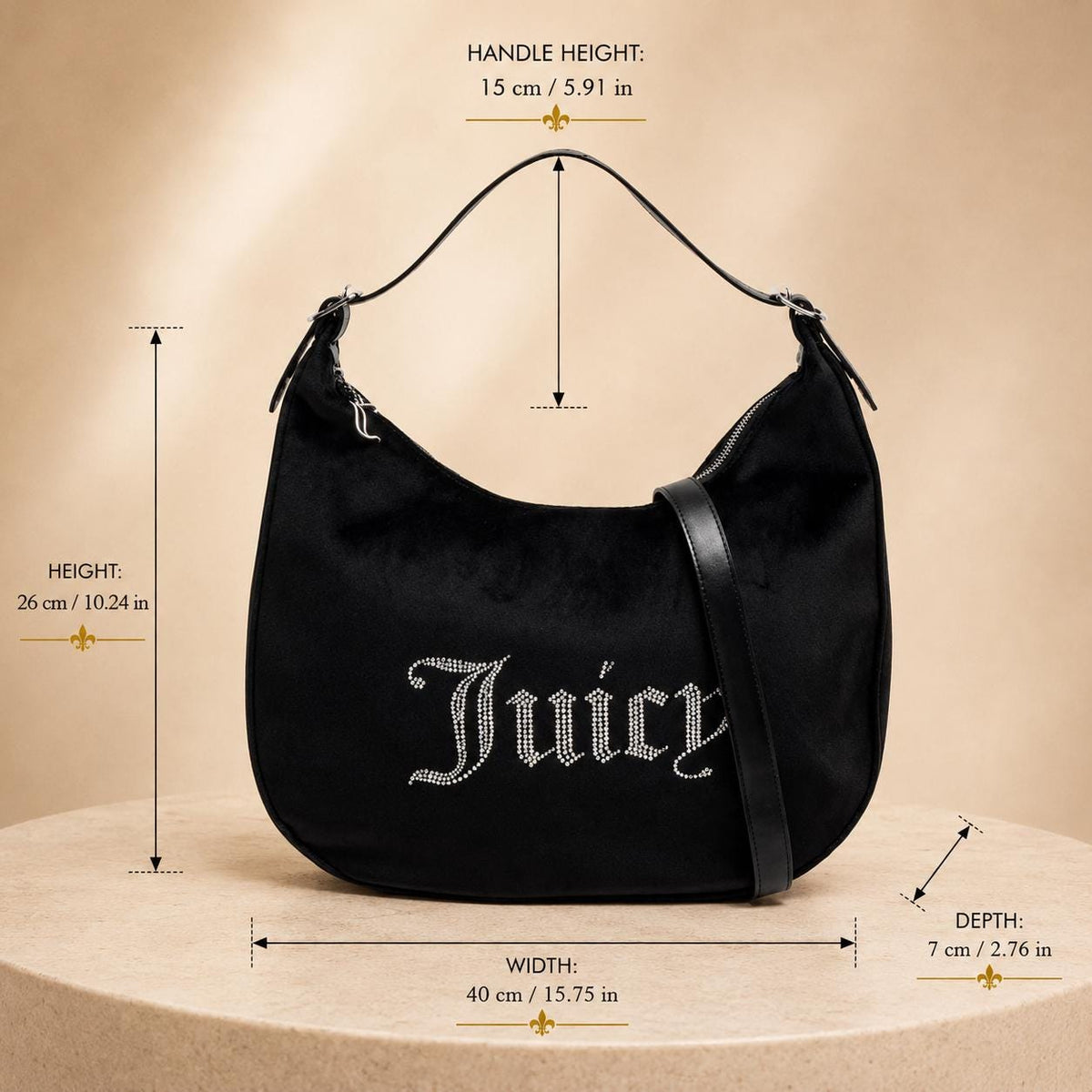 Juicy Couture Black Velour Shoulder Bag, Rhinestone Logo Hobo Bag, Detachable Pouch Handbag, Black Designer Purse, Gift for Her
