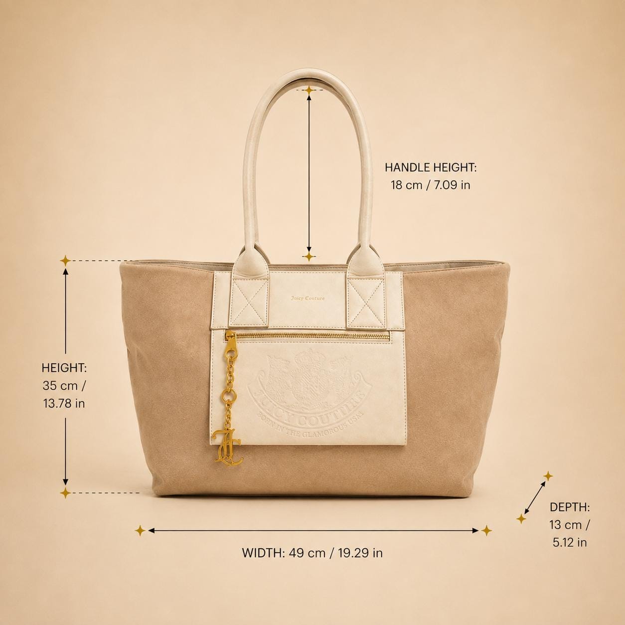 Juicy Couture Beige Tote Bag, Cream Shoulder Bag with Matching Pouch, Gold Charm Large Handbag, Designer Gift for Her