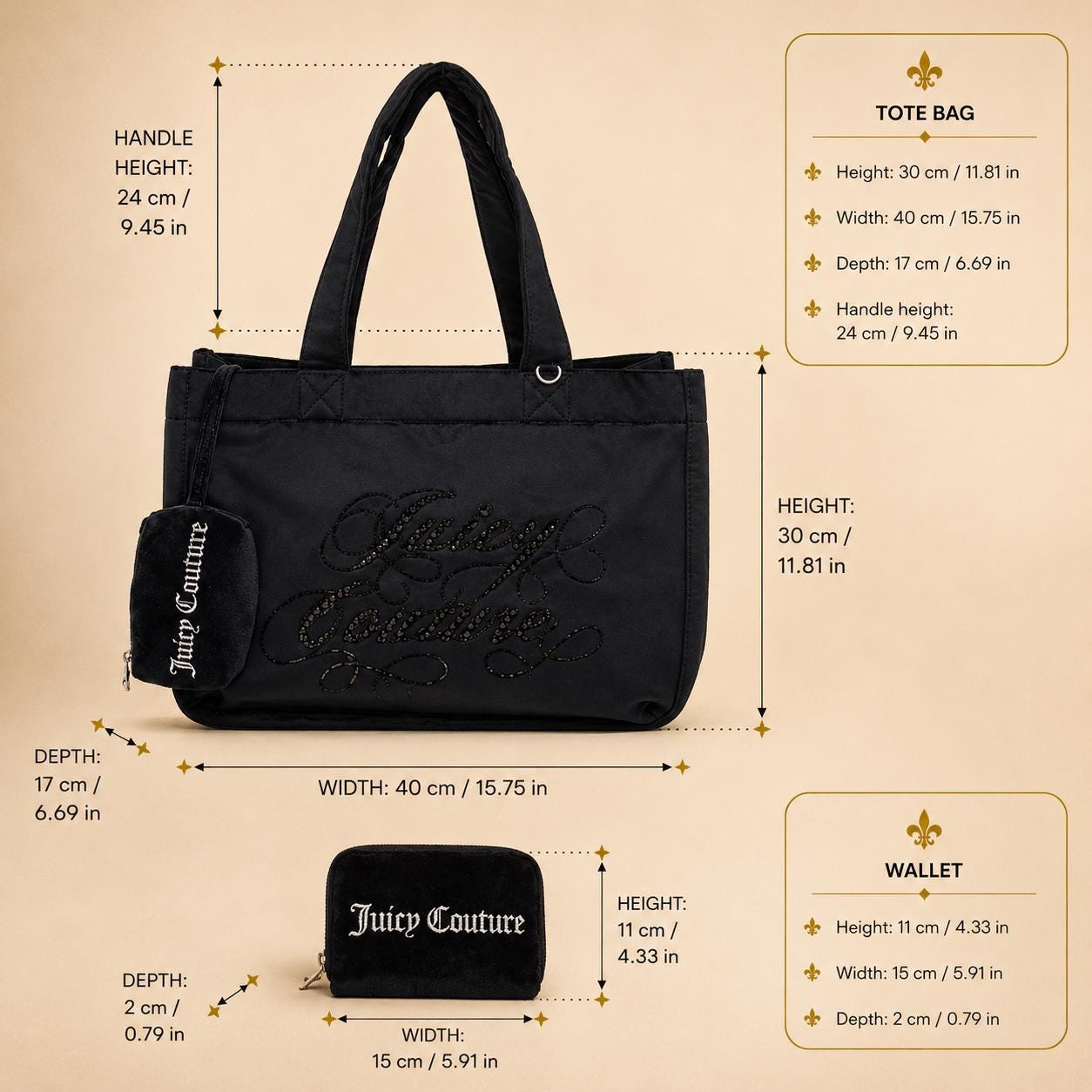 Juicy Couture Black Frida Rhinestone Tote Bag With Wallet, Velour Shoulder Bag, Embroidered Logo Handbag, Women’s Designer Bag
