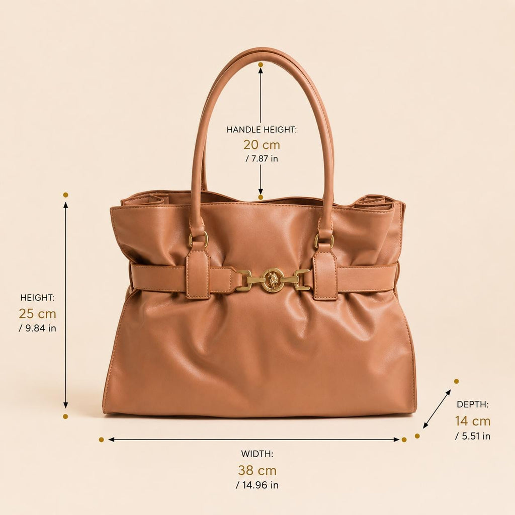 U.S. Polo Assn. Peach Jane Tote Bag, Large Womens Handbag, Gold Horsebit Shoulder Bag, Everyday Work Bag, Gift for Her