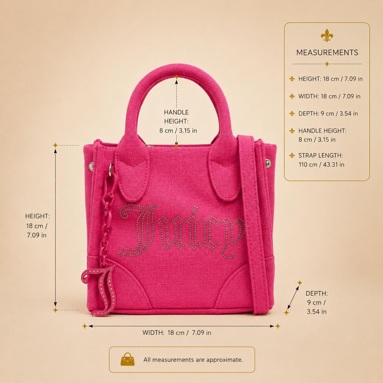 Juicy Couture Pink Iris Tote, Rhinestone Logo Handbag, Pink Shoulder Purse