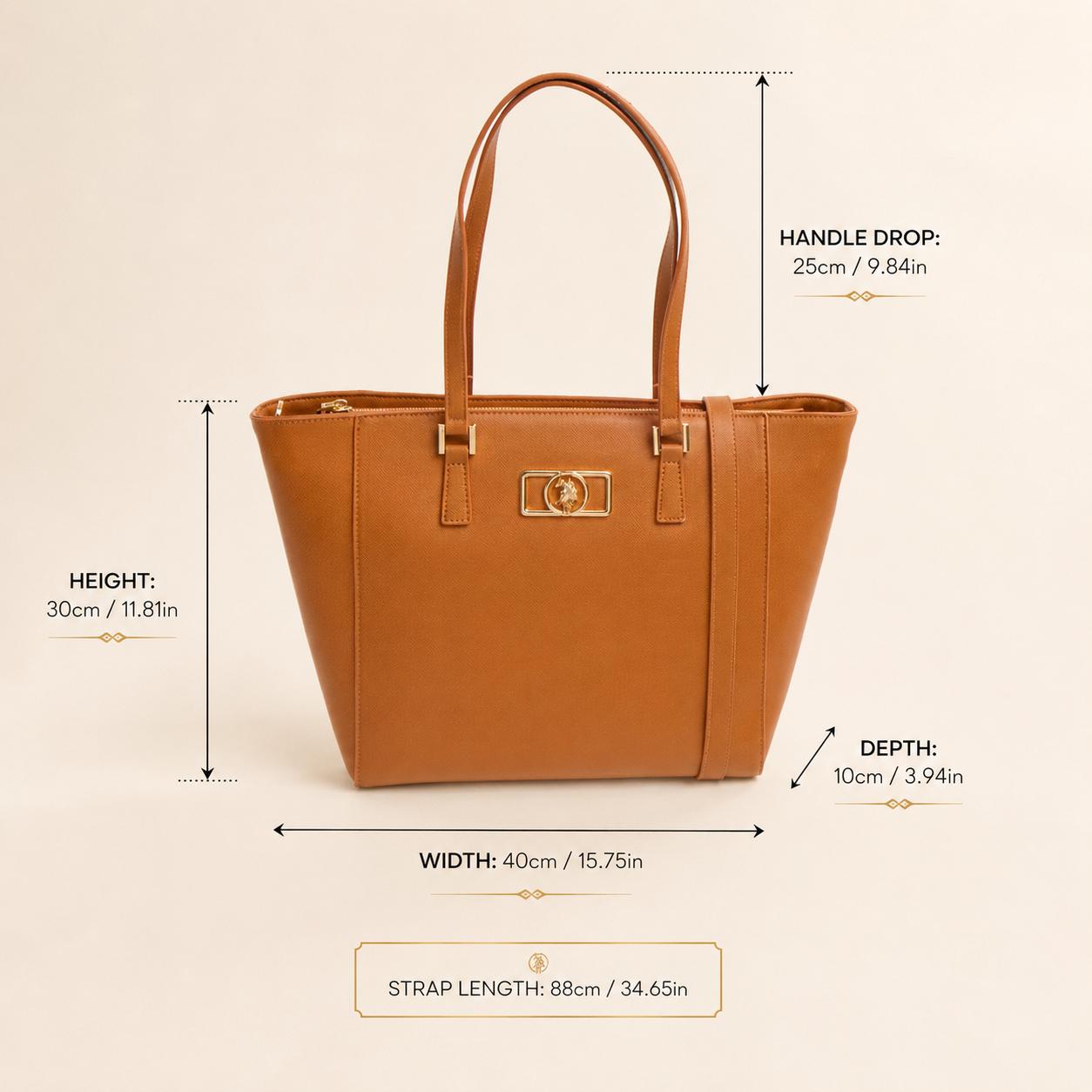 U.S. Polo Assn Tan Tote Bag, Large Shoulder Handbag, Brown Everyday Bag, Gold Logo Work Tote, Womens Shopper Bag, Gift for Her