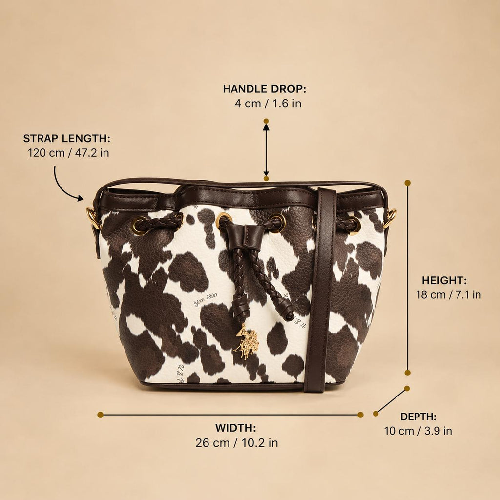 US Polo Assn Cow Print Bucket Bag, Brown & Cream Crossbody Handbag, Drawstring Shoulder Bag, Gold Hardware, Gift for Her