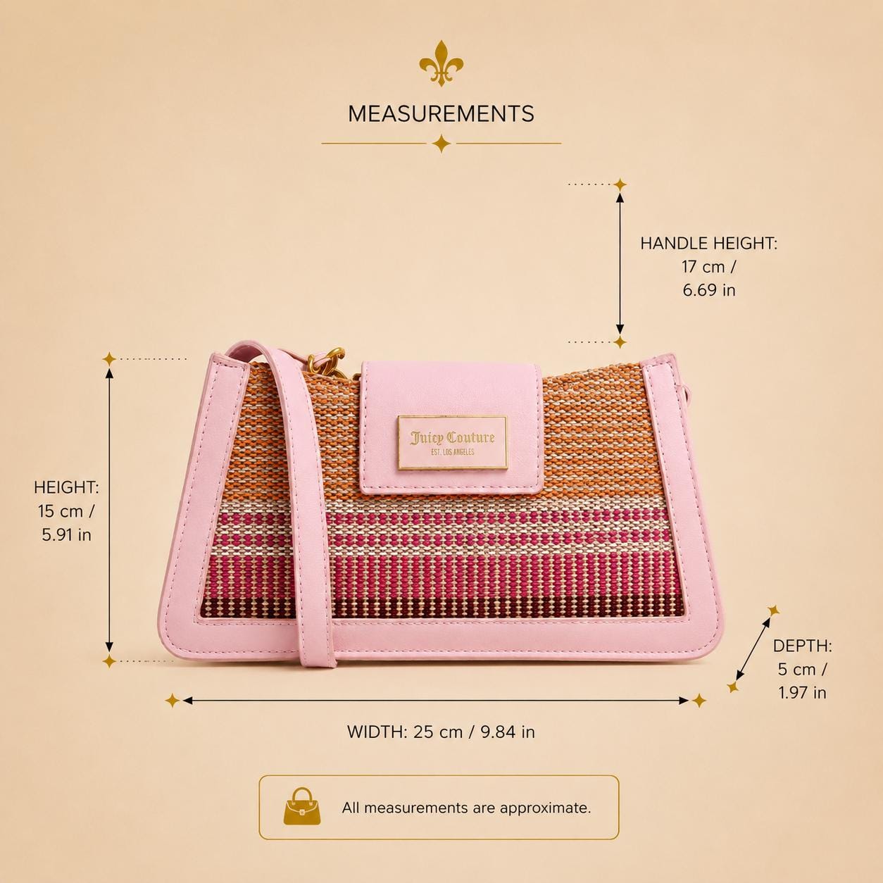 Juicy Couture Pink Shoulder Bag & Pouch, Woven Multicolour Handbag, Gold Chain Strap Purse, Detachable Coin Pouch, Gift for Her