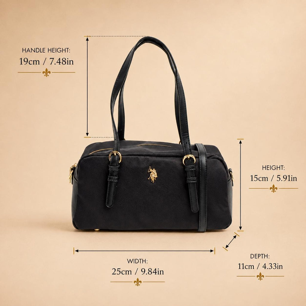 U.S. Polo Assn. Black Houston Bowling Bag, Nylon Shoulder Handbag, Gold Logo Grab Bag, Adjustable Strap, Gift for Her