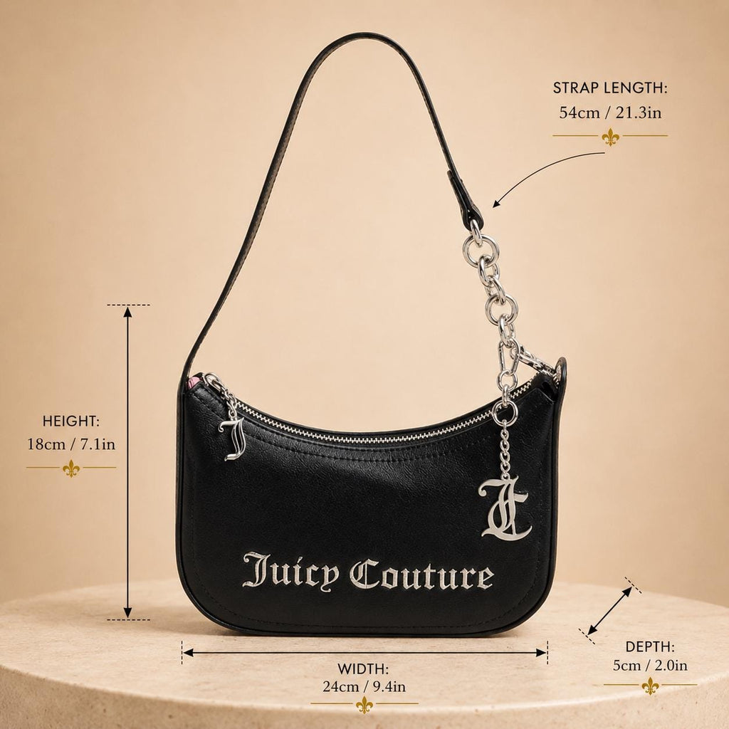 Juicy Couture Black Jasmine Shoulder Bag, Silver Chain Charm Handbag, Logo Zip Purse, Women’s Designer Bag, Gift for Her