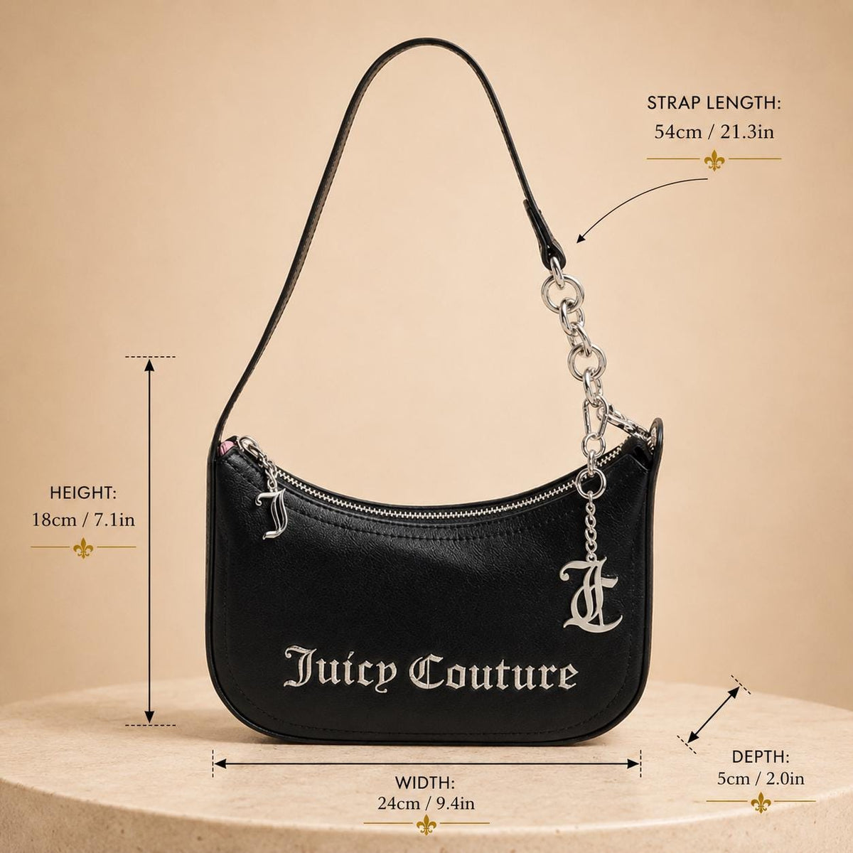 Juicy Couture Black Jasmine Shoulder Bag, Silver Chain Charm Handbag, Logo Zip Purse, Women’s Designer Bag, Gift for Her