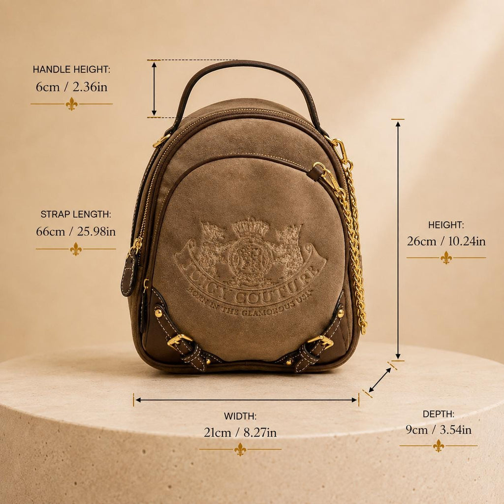 Juicy Couture Brown Plush Mini Backpack, Embroidered Logo Backpack, Gold Tone Chain Bag, Women’s Designer Style Backpack