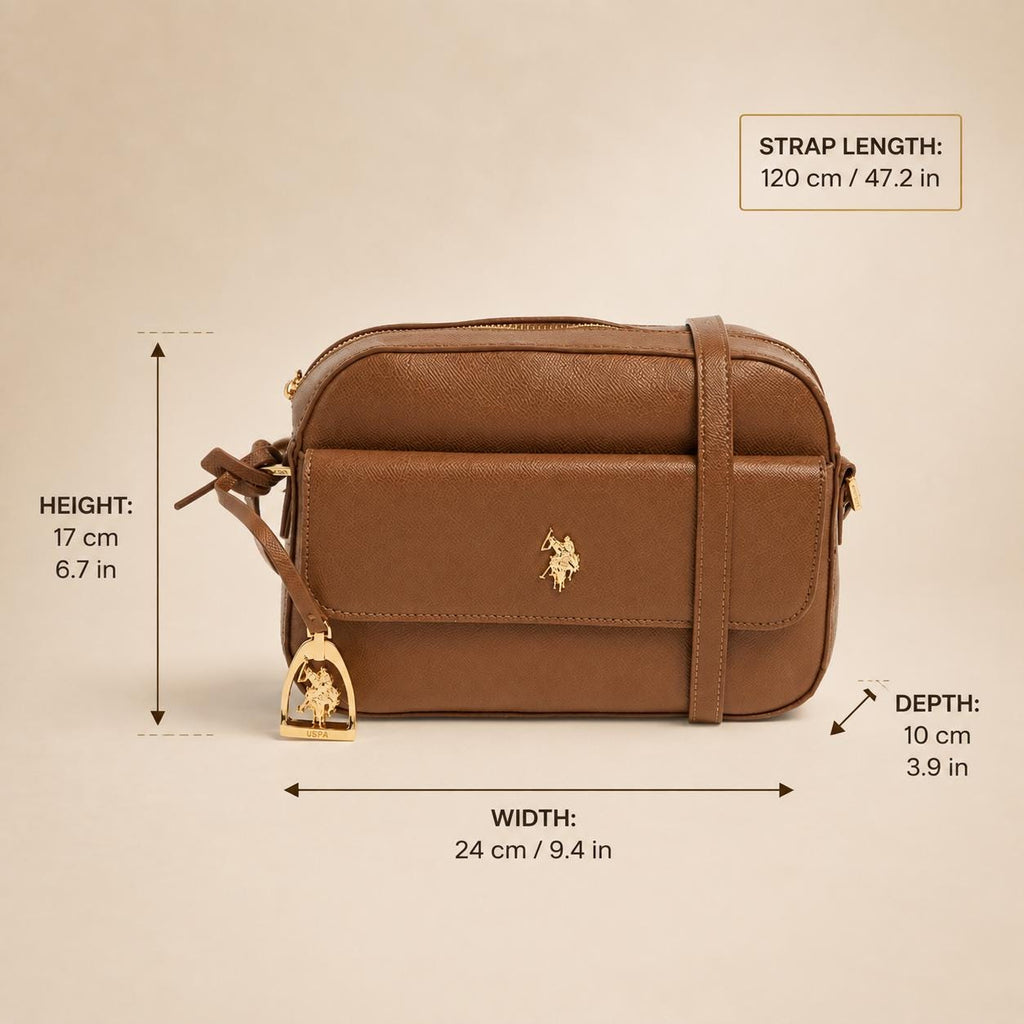 US Polo Assn Brown Crossbody Bag, Jones Pocket Shoulder Bag, Women’s Adjustable Strap Handbag, Brown Everyday Bag