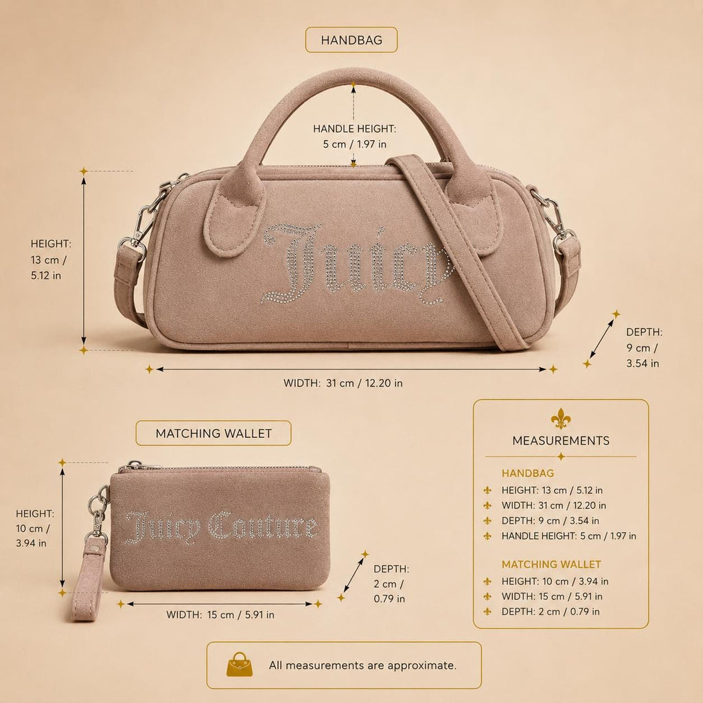 Juicy Couture Taupe Velour Bowling Handbag, Rhinestone Logo Purse, Matching Wallet, Shoulder Bag for Her