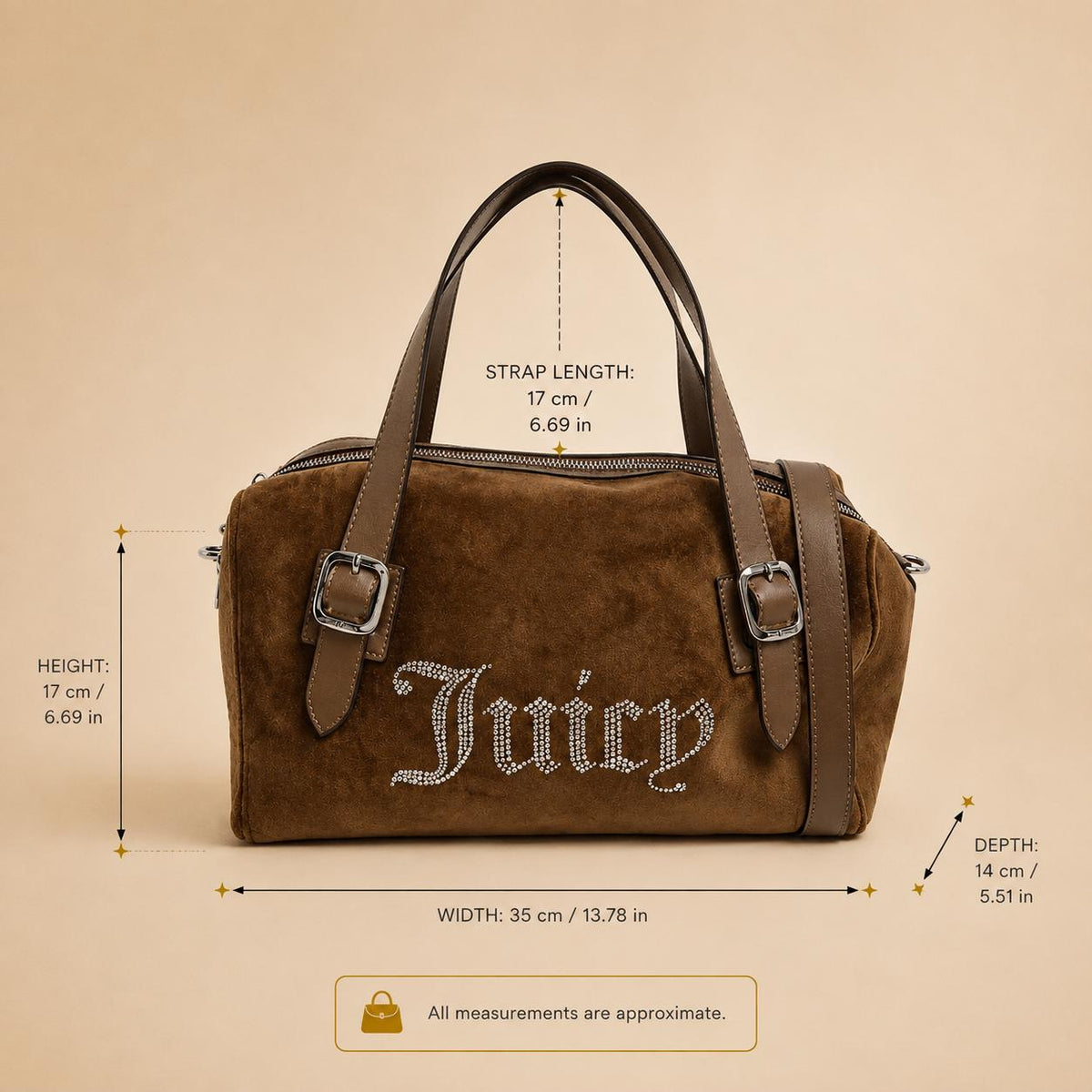 Juicy Couture Brown Velour Handbag, Rhinestone Shoulder Bag, Embellished Grab Bag, Adjustable Strap Purse, Gift for Her