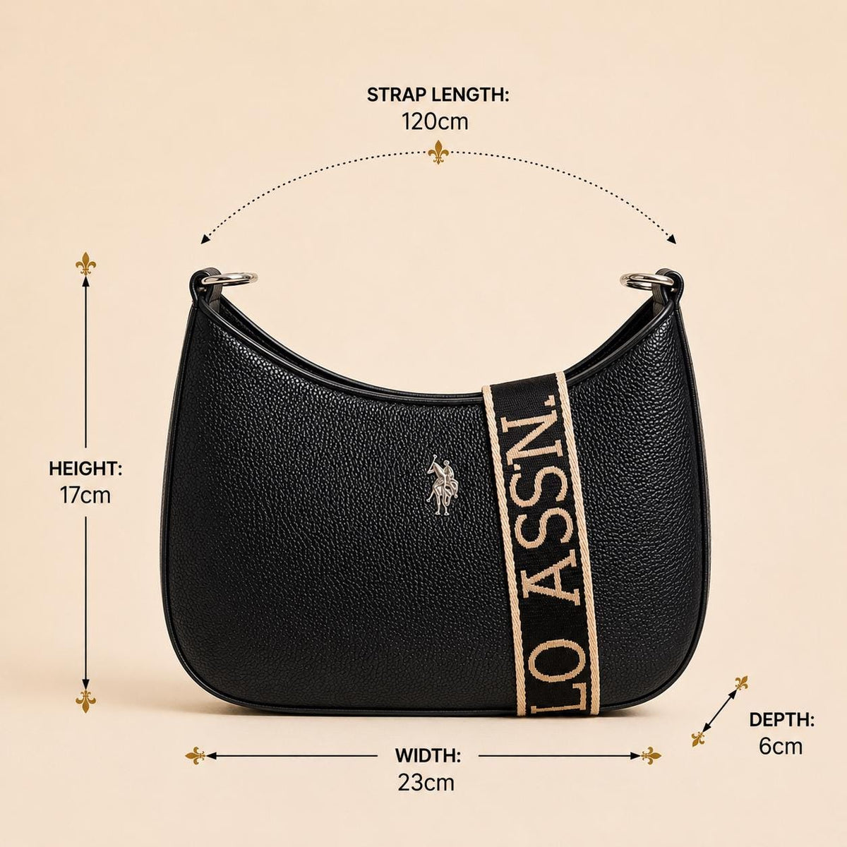 U.S. Polo Assn Black Crossbody Bag, Mansion Shoulder Bag, Women’s Wide Strap Handbag, Everyday Black Bag, Gift for Her