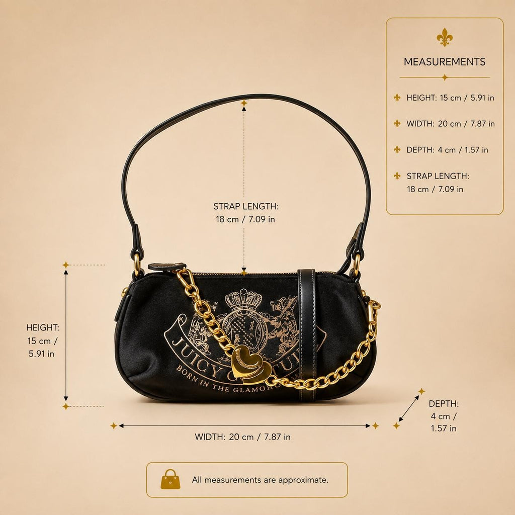 Juicy Couture Black Shoulder Bag, Gold Chain Crossbody Bag, Heart Charm Handbag, Embossed Crest Purse, Gift for Her