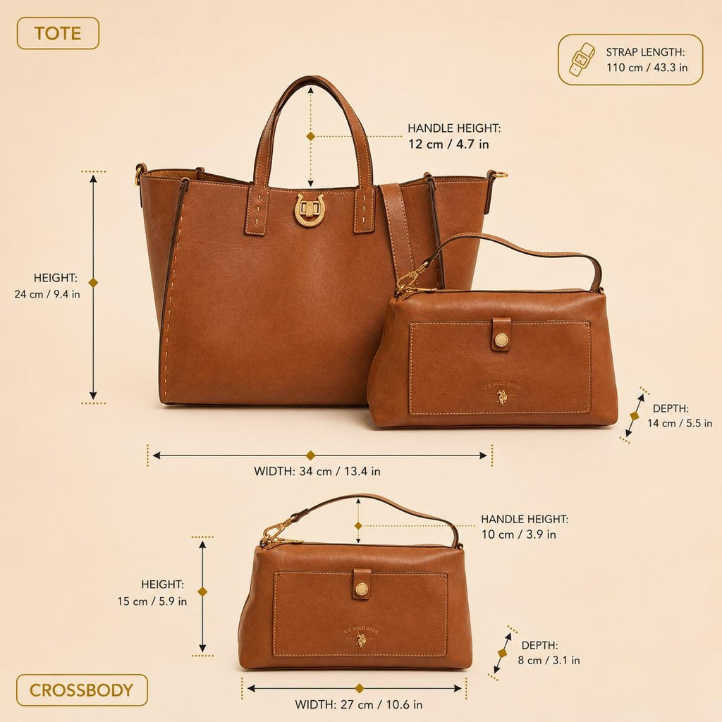 U.S. Polo Assn Brown Tote Bag Set, Womens Shoulder Bag & Crossbody, 2 Piece Handbag Set, Faux Leather Everyday Bag, Gift for Her
