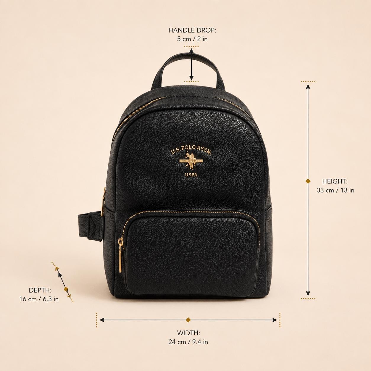U.S. Polo Assn Black Backpack, Womens Backpack, Gold Hardware Rucksack, Adjustable Shoulder Straps, Everyday Travel Bag