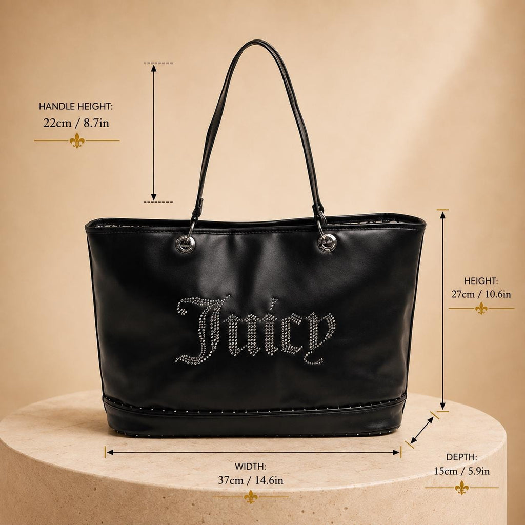 Juicy Couture Black Kimberly Tote Bag, Studded Logo Shoulder Bag, Silver Hardware Large Designer Style Handbag, Gift for Her