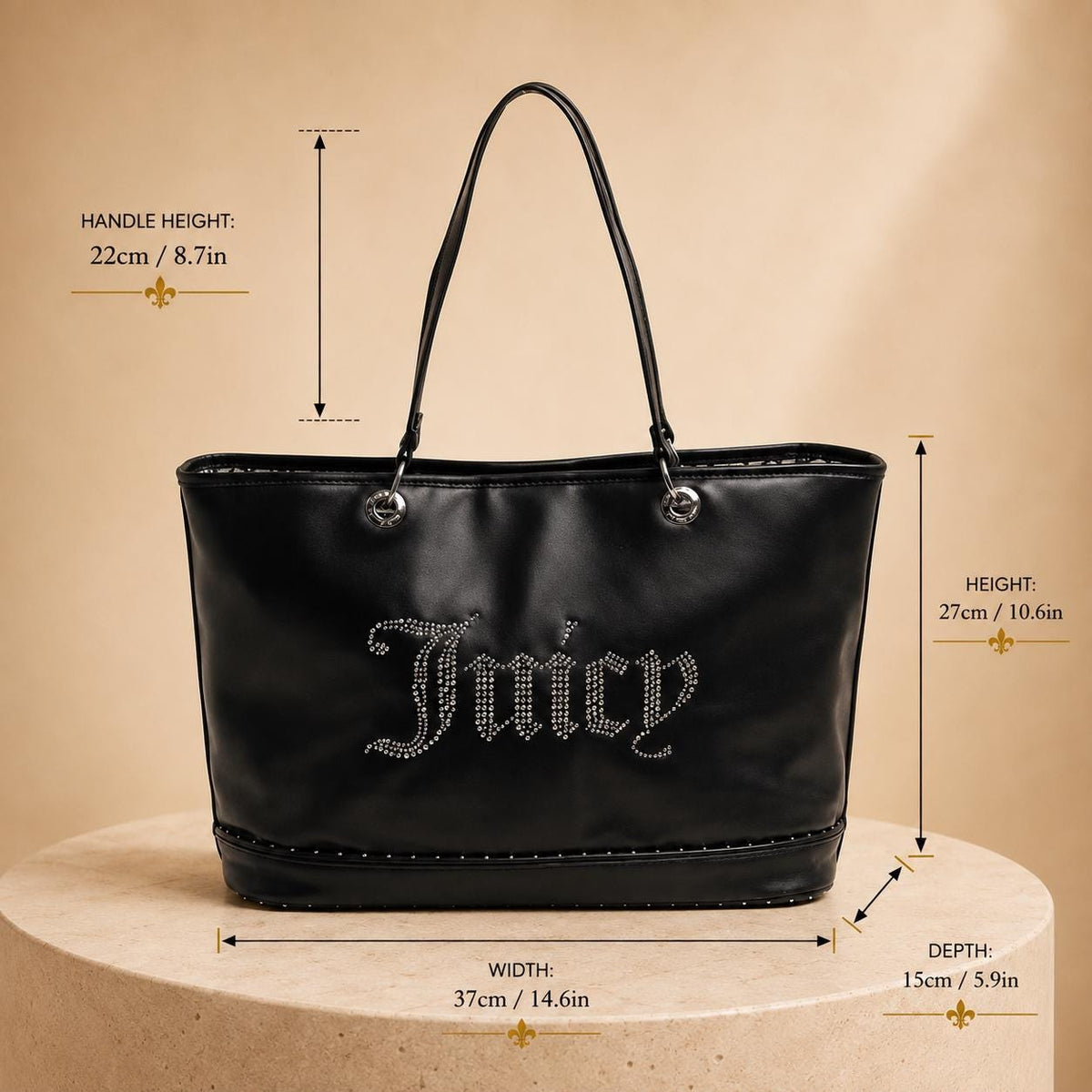 Juicy Couture Black Kimberly Tote Bag, Studded Logo Shoulder Bag, Silver Hardware Large Designer Style Handbag, Gift for Her