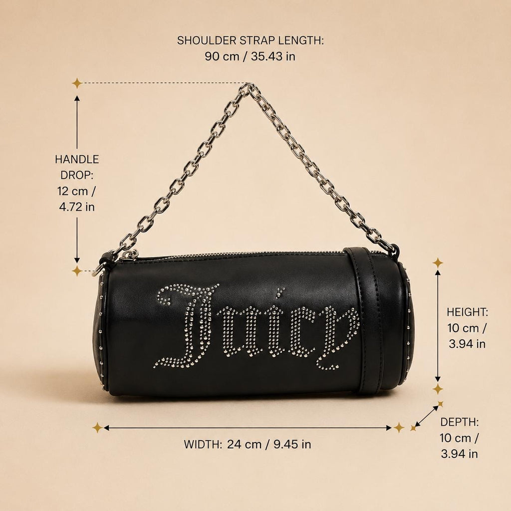 Juicy Couture Black Kimberly Barrel Shoulder Bag, Studded Logo Chain Bag, Silver Hardware, Women’s Designer Handbag