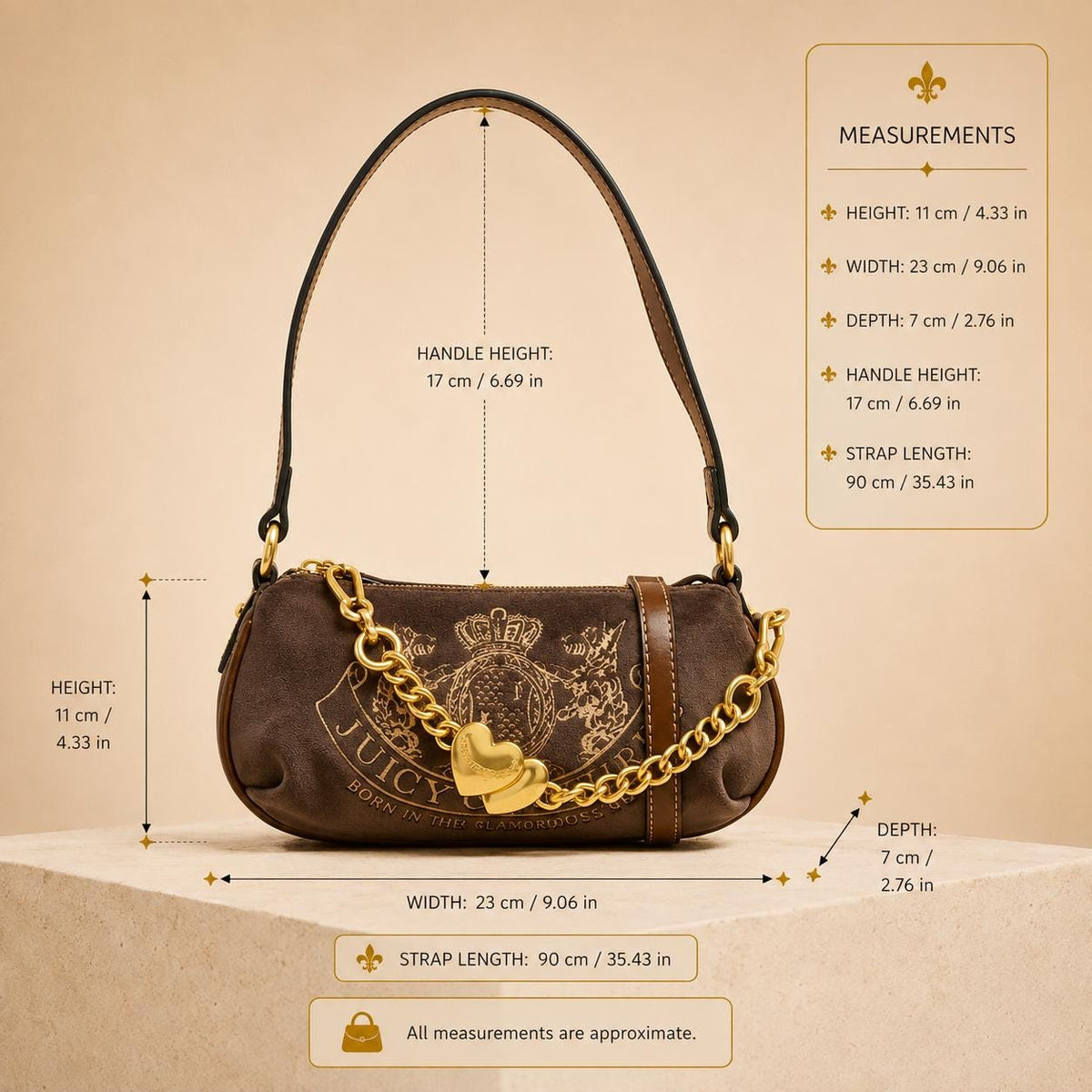 Juicy Couture Brown Shoulder Bag, Gold Chain Heart Charm, Embroidered Logo Handbag, Gift for Her