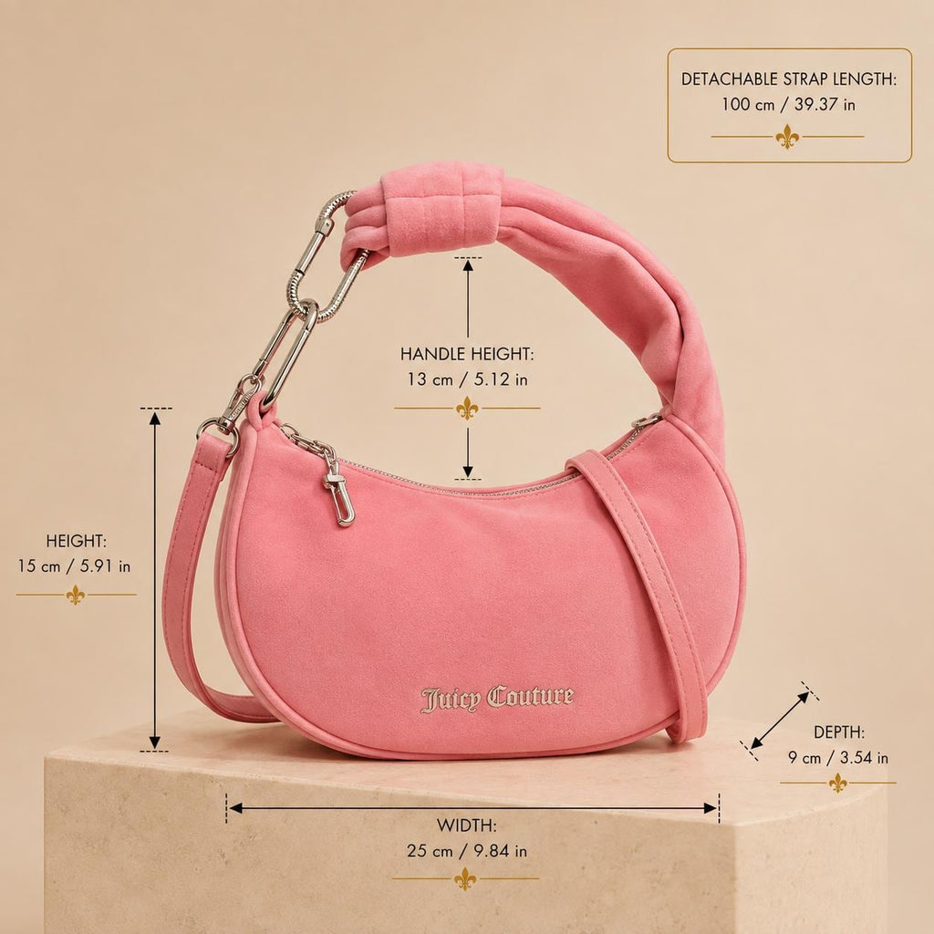 Juicy Couture Pink Blossom Shoulder Bag, Pink Velour Handbag, Womens Purse, Detachable Strap, Birthday Gift for Her