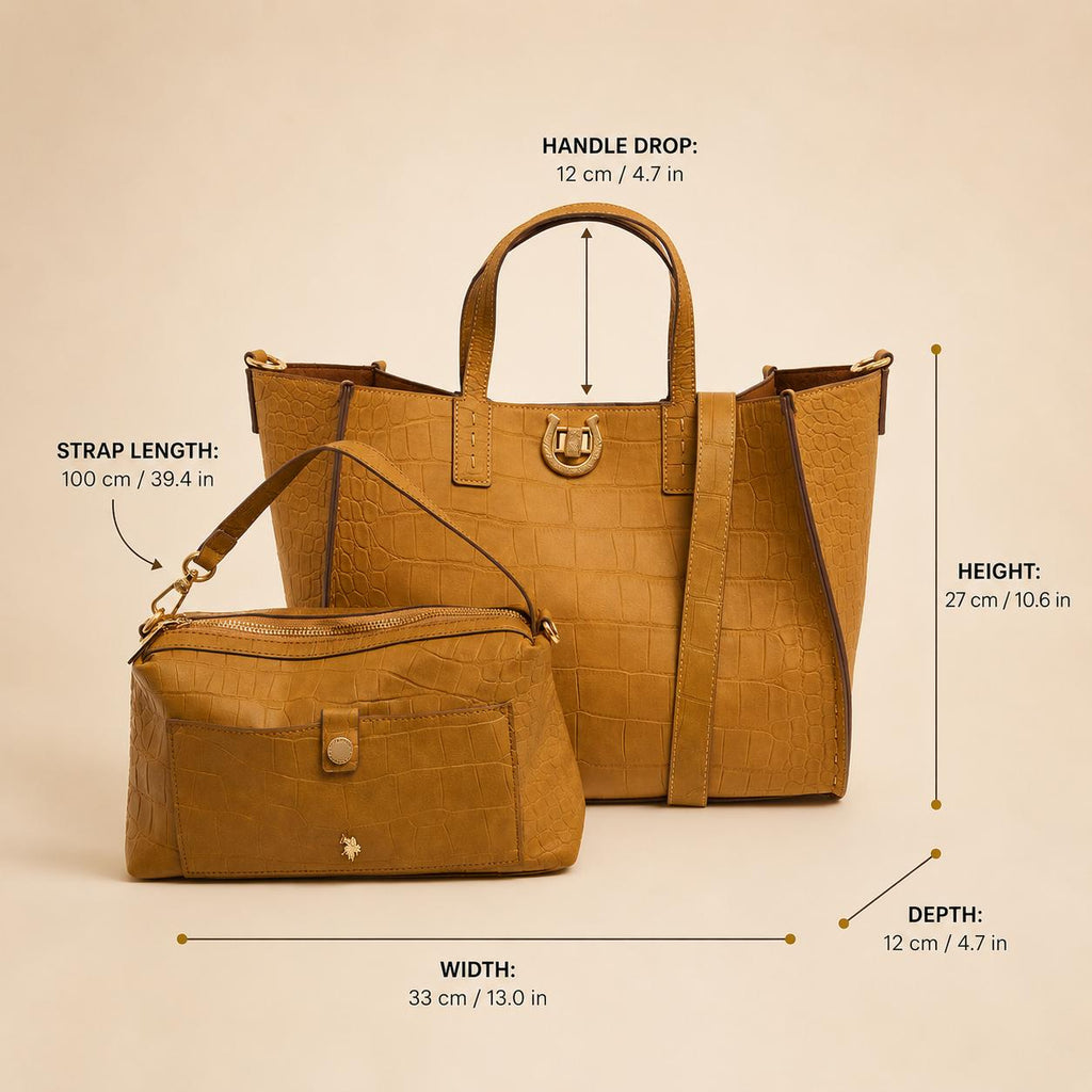 US Polo Assn Brown Reptile Effect Tote Bag, Middleton Womens Shoulder Handbag, Gold Hardware, Crossbody Bag, Gift for Her