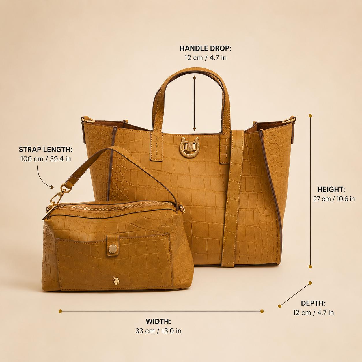 US Polo Assn Brown Reptile Effect Tote Bag, Middleton Womens Shoulder Handbag, Gold Hardware, Crossbody Bag, Gift for Her