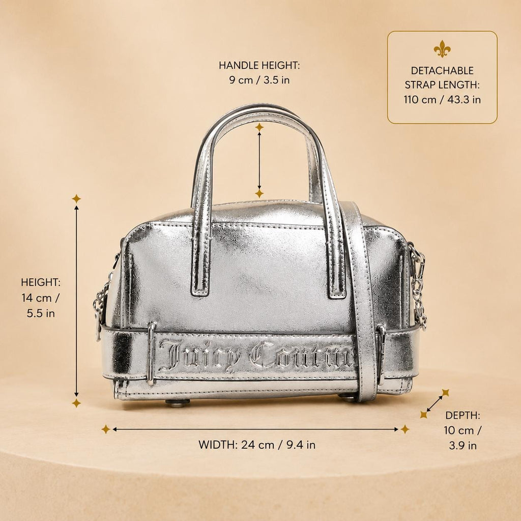 Juicy Couture Silver Jasmine Reflection Handbag, Metallic Silver Mini Tote Bag, Crossbody Shoulder Bag, Designer Style Gift for Her