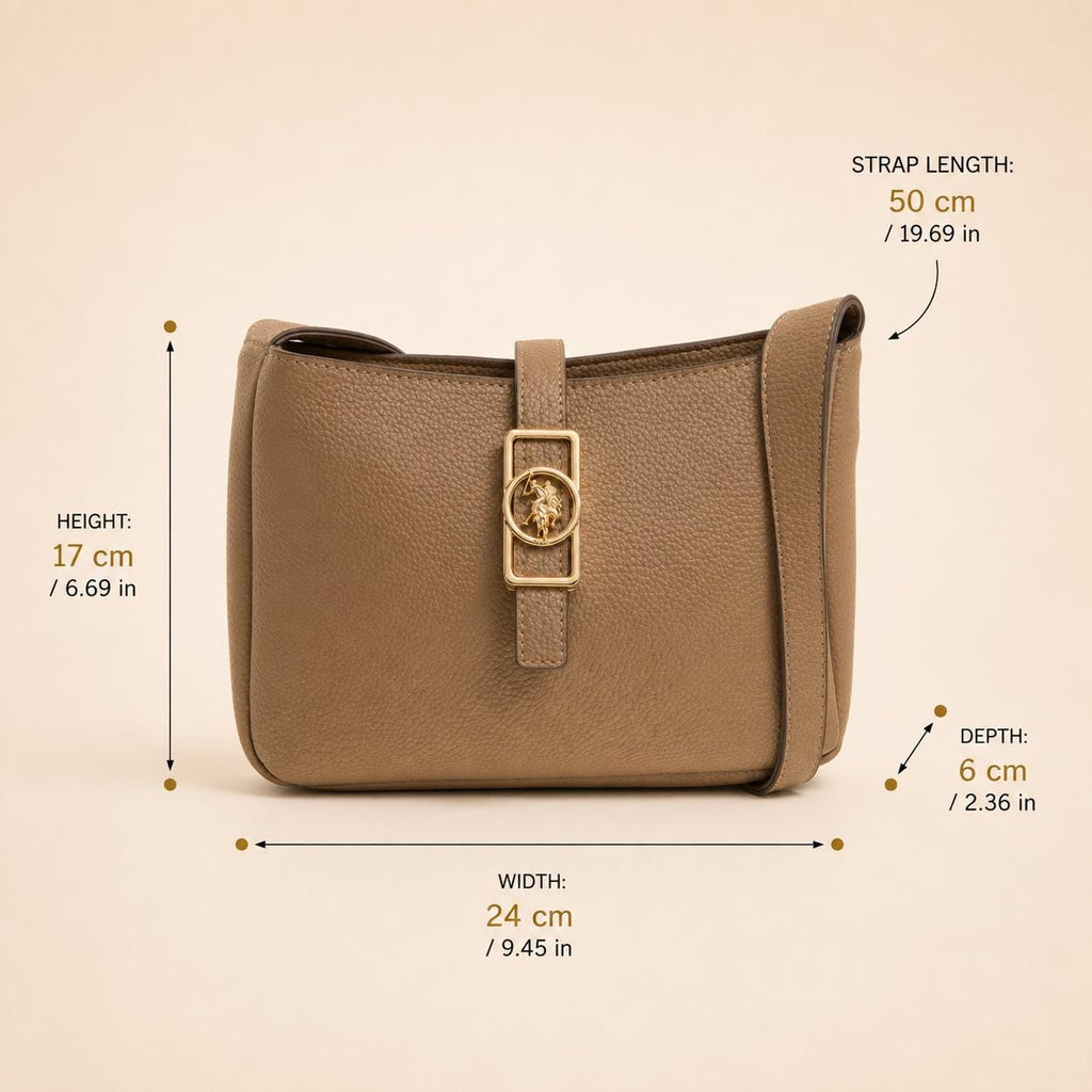 US Polo Assn Beige Shoulder Bag, Sun Faded Handbag, Adjustable Strap Purse, Gold Emblem Everyday Bag, Gift for Her