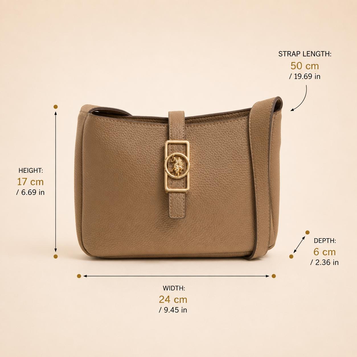 US Polo Assn Beige Shoulder Bag, Sun Faded Handbag, Adjustable Strap Purse, Gold Emblem Everyday Bag, Gift for Her