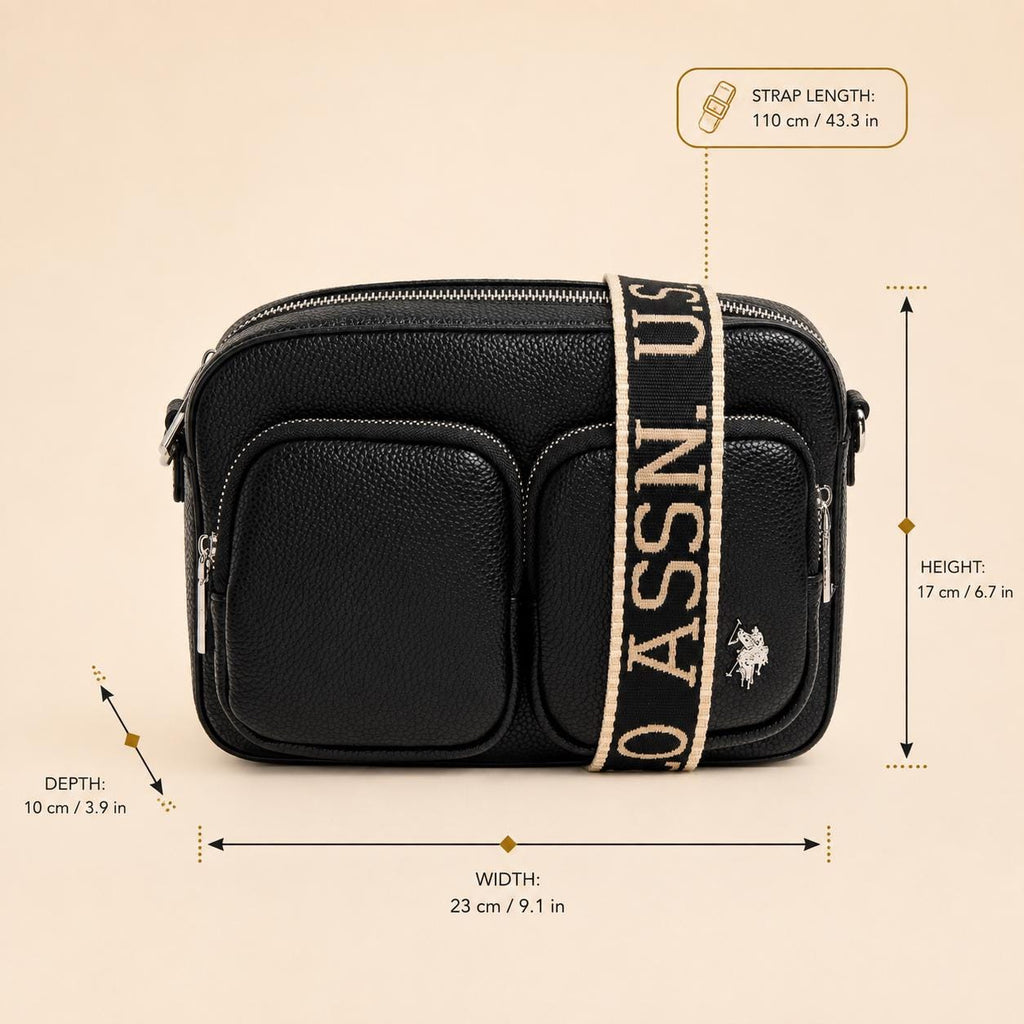 U.S. Polo Assn Black Crossbody Bag, Womens Camera Bag, Multi Pocket Shoulder Bag, Adjustable Logo Strap, Everyday Travel Purse
