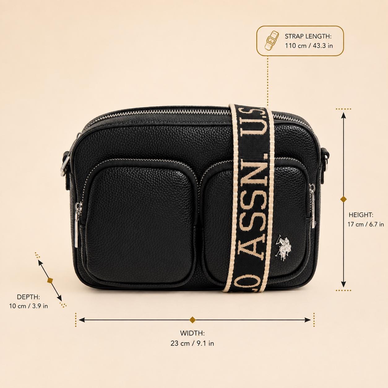 U.S. Polo Assn Black Crossbody Bag, Womens Camera Bag, Multi Pocket Shoulder Bag, Adjustable Logo Strap, Everyday Travel Purse